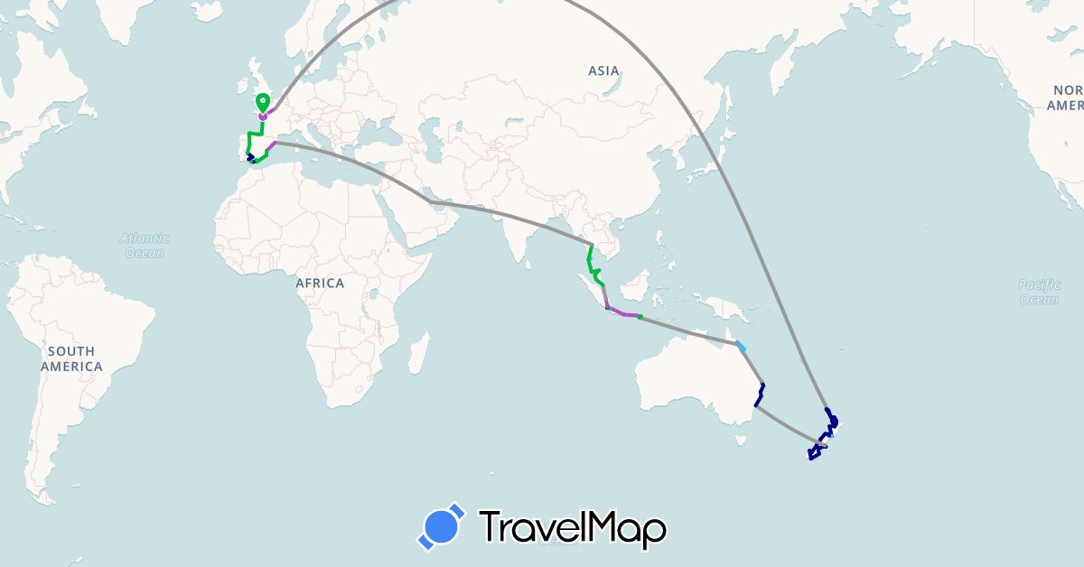 TravelMap itinerary: driving, bus, plane, train, boat, motorbike in Australia, Bahrain, Spain, France, Indonesia, Japan, Malaysia, New Zealand, Singapore, Thailand (Asia, Europe, Oceania)